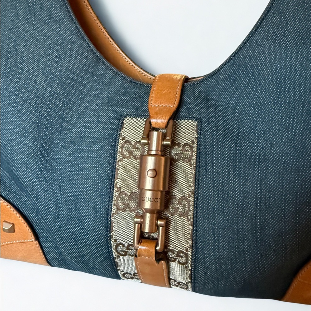 Gucci Jackie Denim & Leather Hobo Vintage GG Canvas Trim